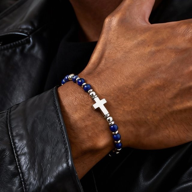 Herren-Armband Natursteinperlen, Bohemian-Kreuzanhänger, Silber - Bild 1