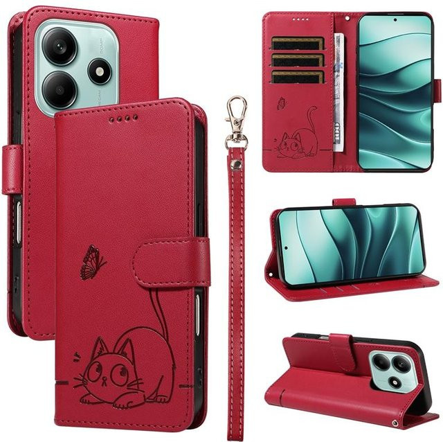Magnetische Leder-Brieftasche Flip Cover Hülle für Xiaomi Redmi Note 14 Plus 5G mit geprägtem Katze und Schmetterling Design in Rot - Bild 1