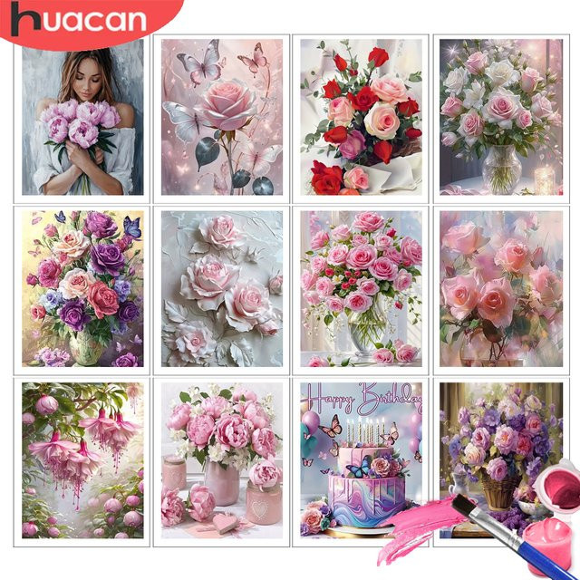 HUACAN Malen nach Zahlen Rosenblüten, Bastelset, Leinwand, Bunt - Bild 1