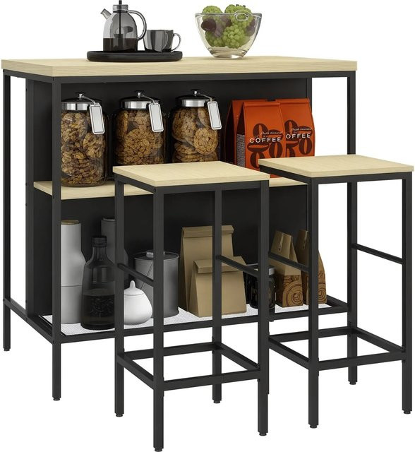 HOMCOM Bartisch mit Barhockern Set 3-tlg. im Modern-Stil aus Stahl und Eiche in Braun - Bild 1