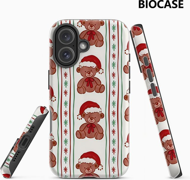 Handyhülle mit Weihnachten Teddybär Streifen Design für Apple iPhone 17 16 15 14 13 12 Pro Max Plus, Mehrfarbig, Doppelschichtige Rückseite - Bild 1