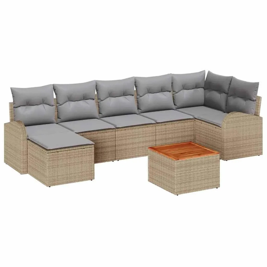 vidaXL Garten-Sofa-Set 8-teilig in Beige und Hellgrau mit L-Form, Polster-Gartenmöbel aus Polyrattan und Akazienholz mit Stauraum und Tisch - Bild 2