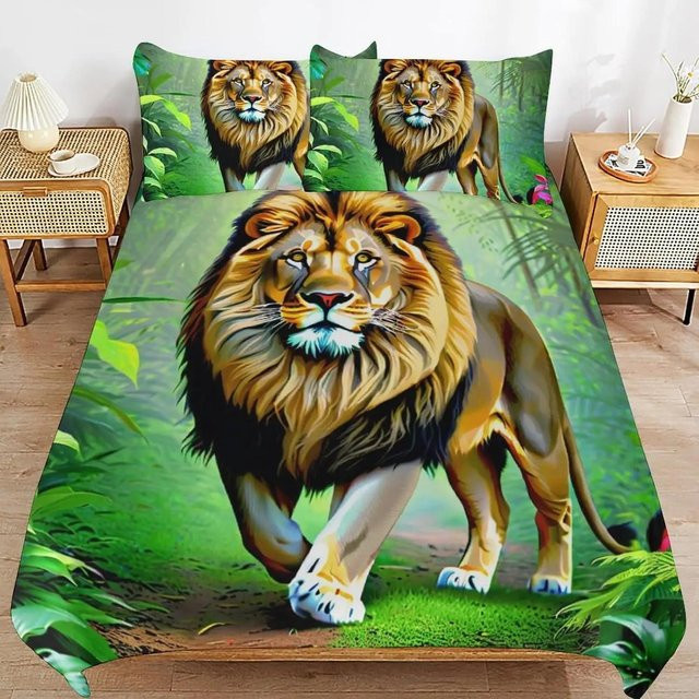 Wildtier Bettwäsche-Set mit Löwen- und Tiger-Motiv aus atmungsaktiver Mikrofaser, 3-teilig, Mehrfarbig, B/H: 200 x 200 cm - Bild 1