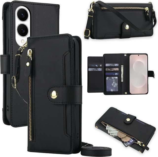 Leder Umhängetasche und Brieftasche als Handyhülle für Samsung Galaxy S25 S24 Ultra S23 Plus S22 S21 FE A56 A36 A16 A26 A17 A07 A55 in Schwarz - Bild 1