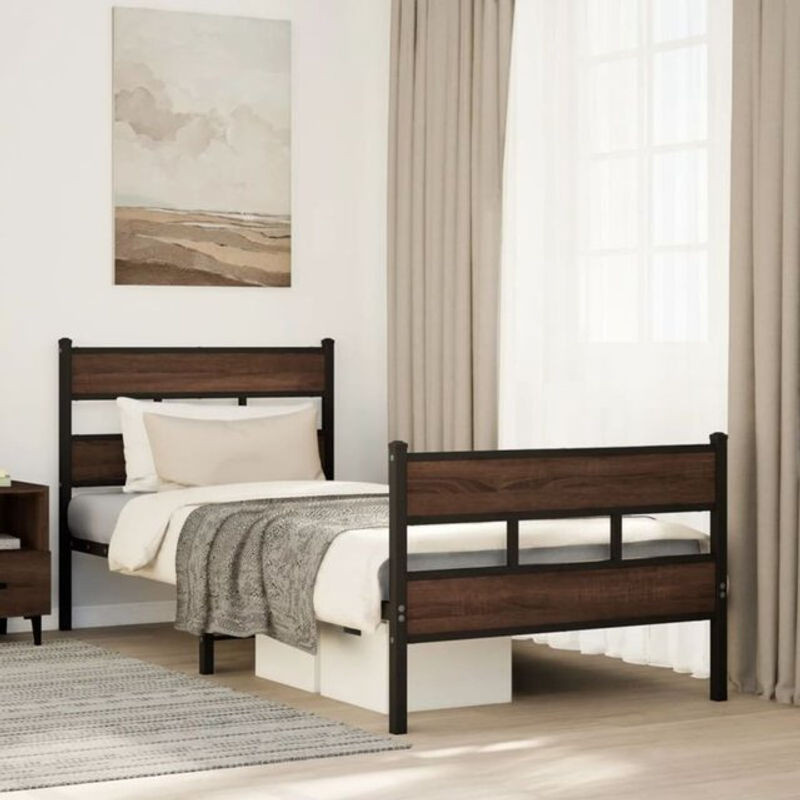 vidaXL Einzelbett Bettgestell mit Kopf- und Fußteil in Nussbaum Braun, B/T/H: 100 x 200 x 91,5 cm - Bild 1