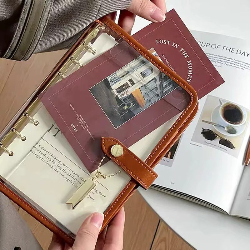 Transparentes Loseblatt Notebook im koreanischen Stil, abnehmbarer Business Planer und Tagebuch, A5, Braun - Bild 2