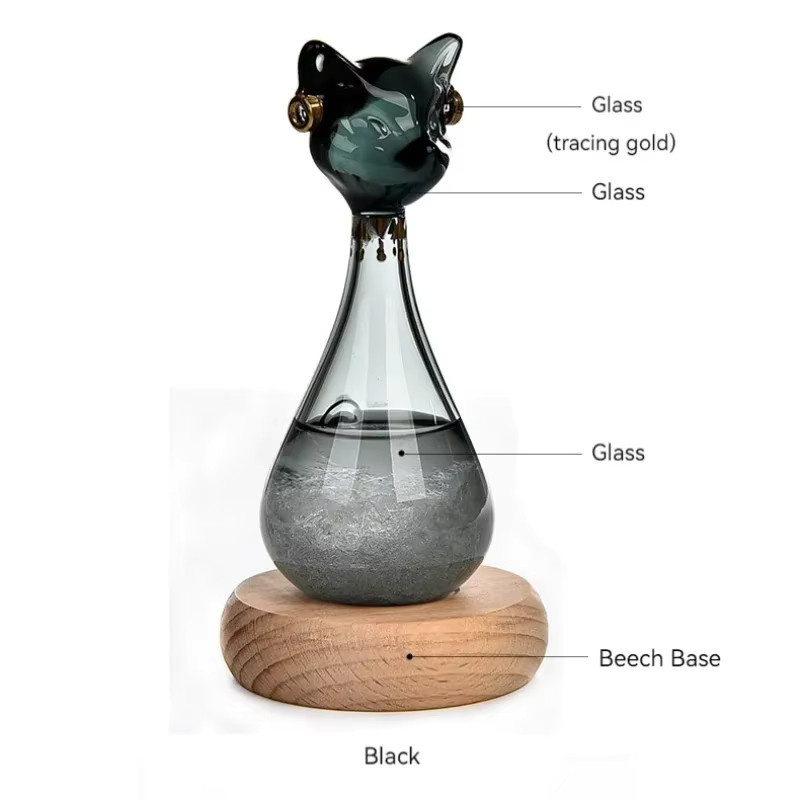 Ägyptische Katze Wettervorhersage Flasche aus Glas mit Holzbasis als Desktop Ornament in Schwarz und Transparent - Bild 2