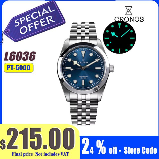 Cronos Armbanduhr Automatik, Edelstahl, 36 mm, Herren, Blau - Bild 1