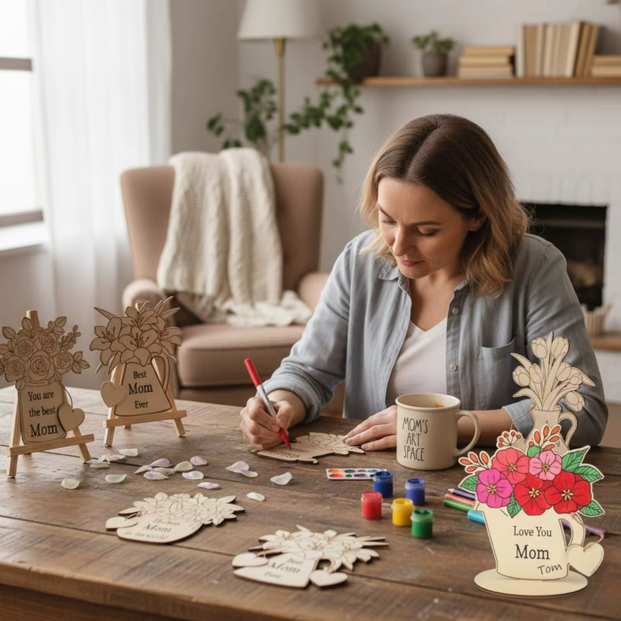 6er Set NOTIONSLAND Holz-Blumen-Tischornamente zum Selbstbemalen für Tischdekoration im Landhausstil - Bild 3
