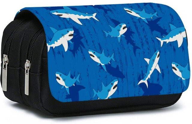 Fancy Style Studio Doppellagiges Klapp-Federmäppchen mit Haifisch-Meeresdruck in Blau - Bild 1