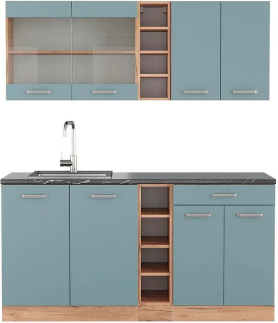 Vicco R-Line Singleküche modern in Blau-Grau, Goldkraft Eiche und Anthrazit, Breite: 160 cm - Bild 1