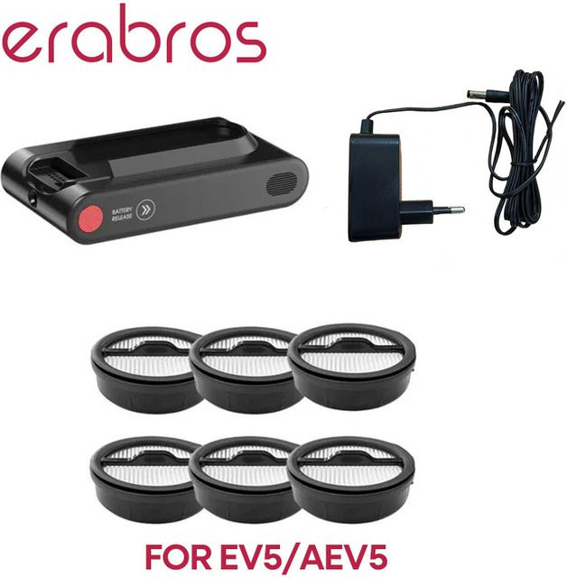 Erabros Ersatzteilset für EV5 Staubsauger mit Akku, Ladegerät, HEPA-Filtern und Adapter in Schwarz - Bild 1