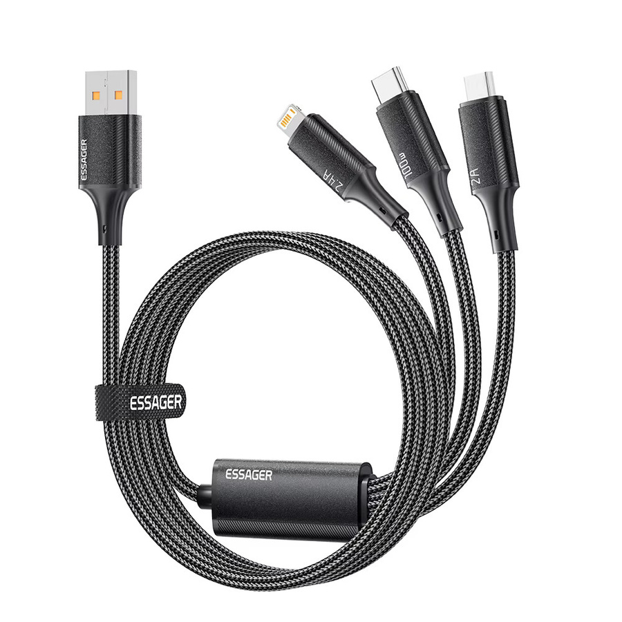 Essager 3-in-1 USB-C auf USB-C und Lightning Schnellladekabel mit PD 100 W Datenübertragung in Schwarz - Bild 5