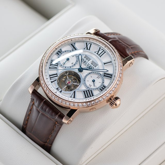 OBLVLO Skelett-Mechanikuhr, Automatik, Diamant, Lederarmband, Herren - Bild 1