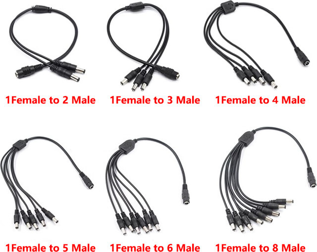DC Power Splitter Adapter für CCTV-Kameras, 1 Buchse auf mehrere Stecker, Schwarz, 2,1 x 5,5 mm - Bild 1
