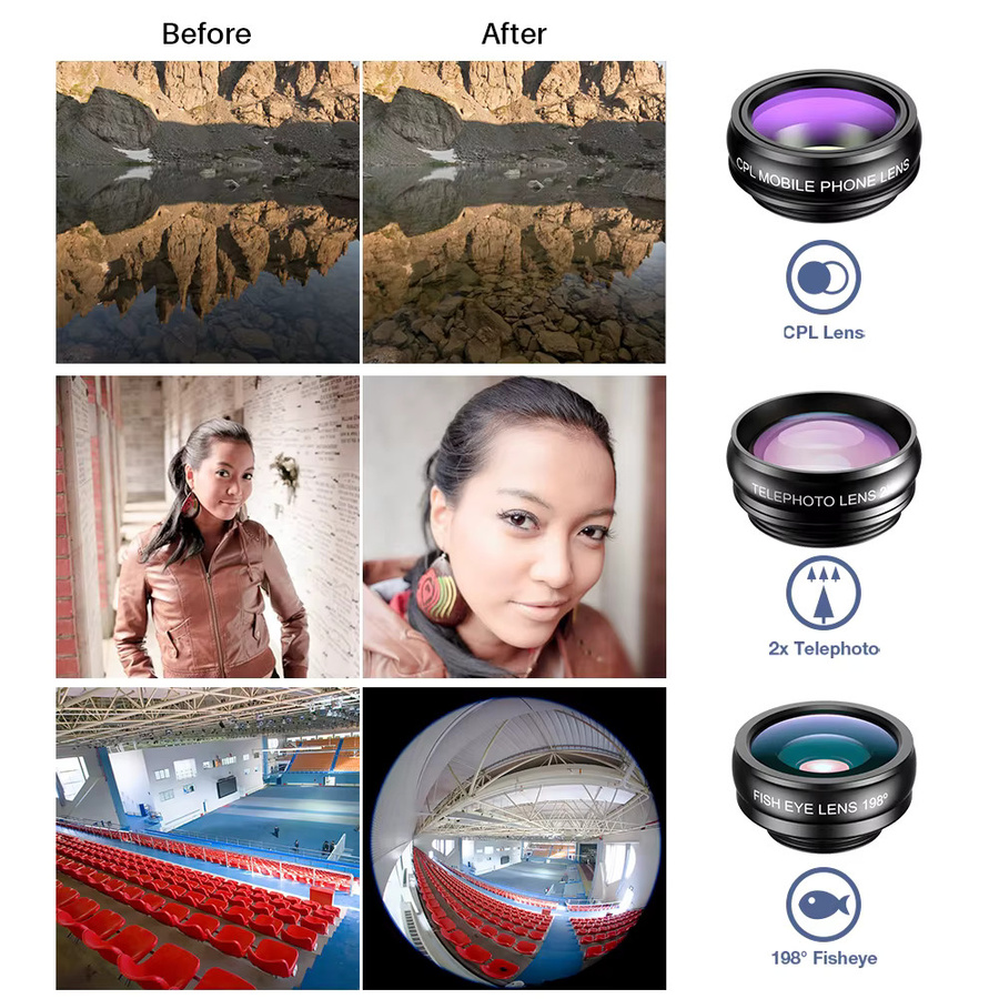 APEXEL 10-in-1 Smartphone Kameraobjektiv-Set mit Fisheye, Weitwinkel, Makro, Teleskop und CPL-Filter in Schwarz - Bild 3