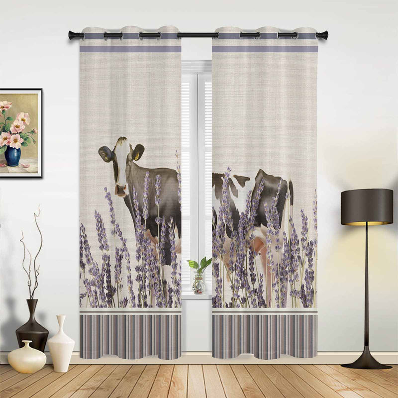 Binchi Vorhang mit Bauernhof-Kühe und Lavendel-Motiv in Weiß, halbtransparent, Breite: 135 cm, Höhe: 60 cm - Bild 2