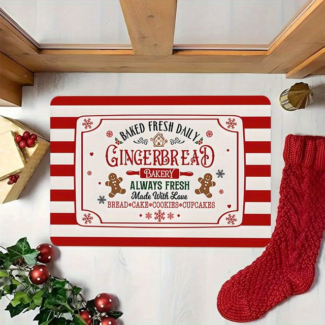 Rutschfeste Weihnachts-Fußmatte Lebkuchenmann in Rot-Weiß gestreift aus weichem Polyester, B/T: 60 x 40 cm - Bild 1