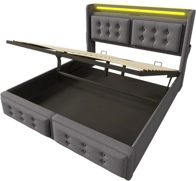 okwish Polsterbett Grau mit LED-Kopfteil, USB-Ladefunktion und Lift-up-Funktion, B/T/H: 160 x 200 x 109 cm - Bild 1
