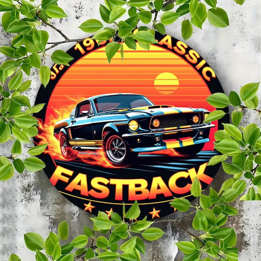 Rundes Vintage Aluminium-Metallblechschild Potdemiel mit 1967 Classic Fastback Design, Flammen und Sonnenuntergang, Durchmesser: 20 cm, Mehrfarbig - Bild 6