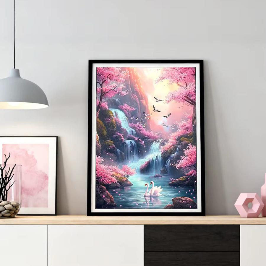 HUACAN Diamant-Kunstmalerei Kirschblüten-Berglandschaft mit Haus, Natur-Diamantmosaik in Mehrfarbig mit Rundbohrern - Bild 3