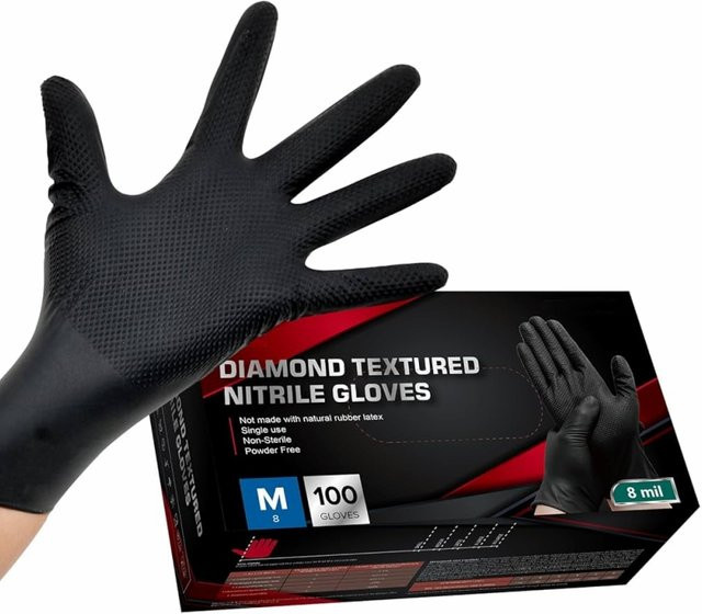 YUMARCH Einweg-Nitrilhandschuhe in Schwarz mit Diamantstruktur für Mechaniker und Industrie, 8 Mil Stärke, Größe M - Bild 1