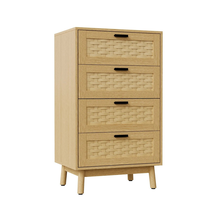 PXloue Massivholzkommode mit 4 Schubladen in Eichenfarbe und Rattanoptik, B/T/H: 55 x 39 x 95 cm - Bild 2