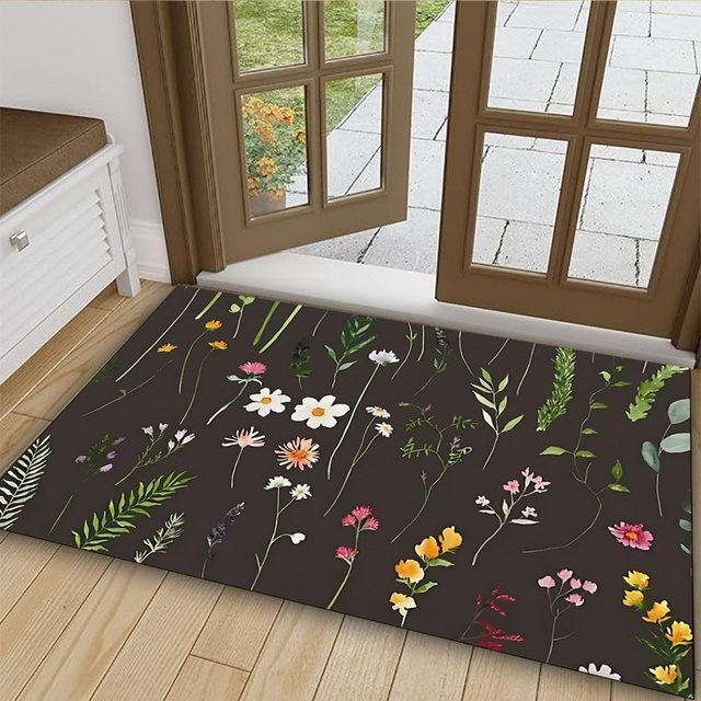 VIKAMA Willkommens-Fußmatte mit dunklem Blumen- und botanischem Muster, rutschfest und waschbar für Eingangsbereich, Küche oder Balkon - Bild 1
