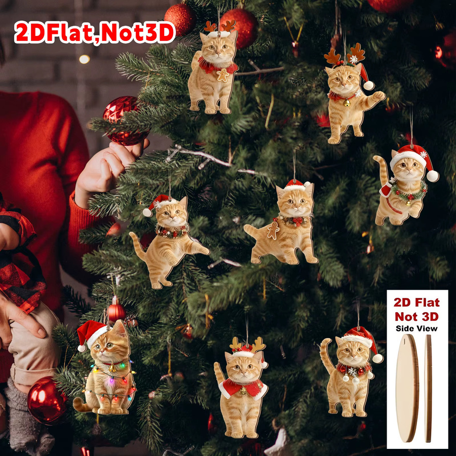 8 Stück DUTRIEUX Weihnachts-Holzornamente in Form von orangefarbenen Katzen, 2D flach im klassischen Stil - Bild 4