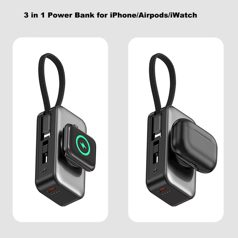 Mini-Powerbank mit USB-C-Kabelstecker PD20W in Silber, magnetisches kabelloses Ladegerät für iPhone 16 15 und Apple Watch 10 9 - Bild 2