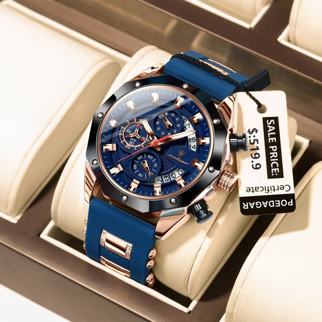 POEDAGAR Armbanduhr Chronograph, Quarz, Silikon, Schwarz, Herren - Bild 1