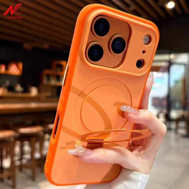 NUCWIN MagSafe Handyhülle aus TPU und PC mit magnetischer Standhalterung für iPhone 13 14 15 16 17 Pro Max und Air Plus in Weiß und Orange - Bild 1