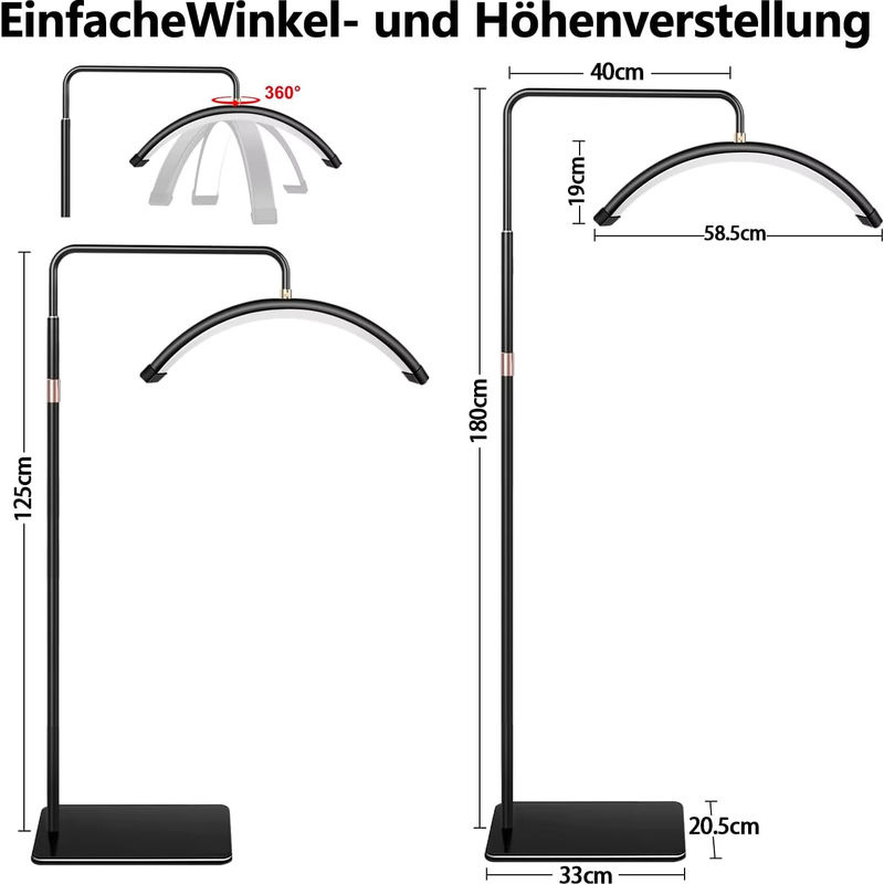 DARHYN LED Halbmond Stehlampe in Weiß, 40W dimmbar, Bogenlampe für Beauty-Salon und Make-up Beleuchtung, Höhe: 130 cm - Bild 3