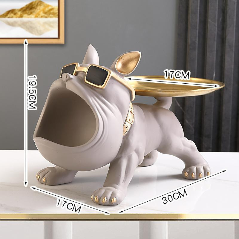 Nordische Dekor-Skulptur von Yiran Furniture, Französische Bulldogge mit Metalltablett in Schwarz aus Harz - Bild 3