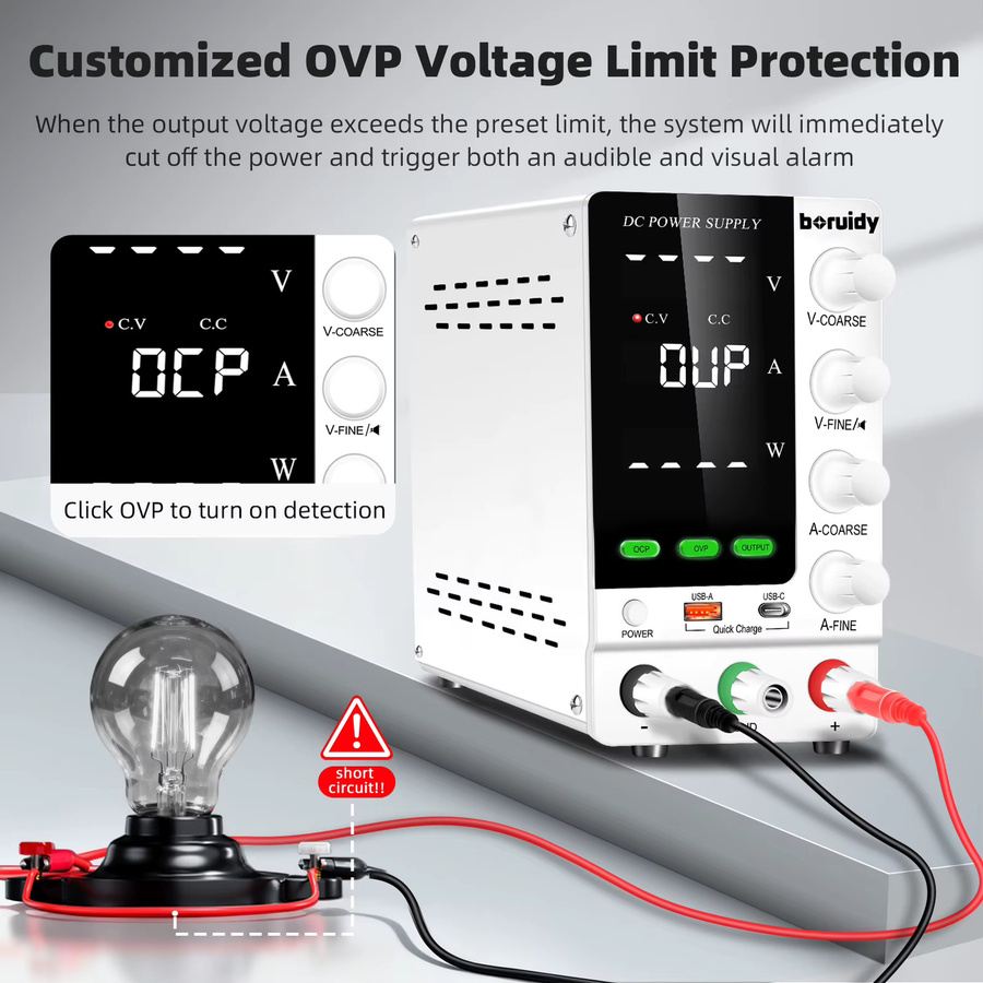 Boruidy Labornetzteil Einstellbar 30 V 10 A DC-Schaltnetzteil mit OCP/OVP, Encoder-Steuerung und USB-A/Typ-C Anschlüssen - Bild 4