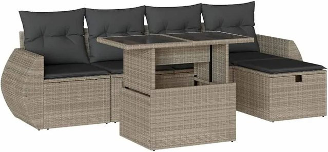 vidaXL 6-teilige Garten-Sofagarnitur in L-Form mit Kissen und Couchtisch, Hellgrau - Bild 1