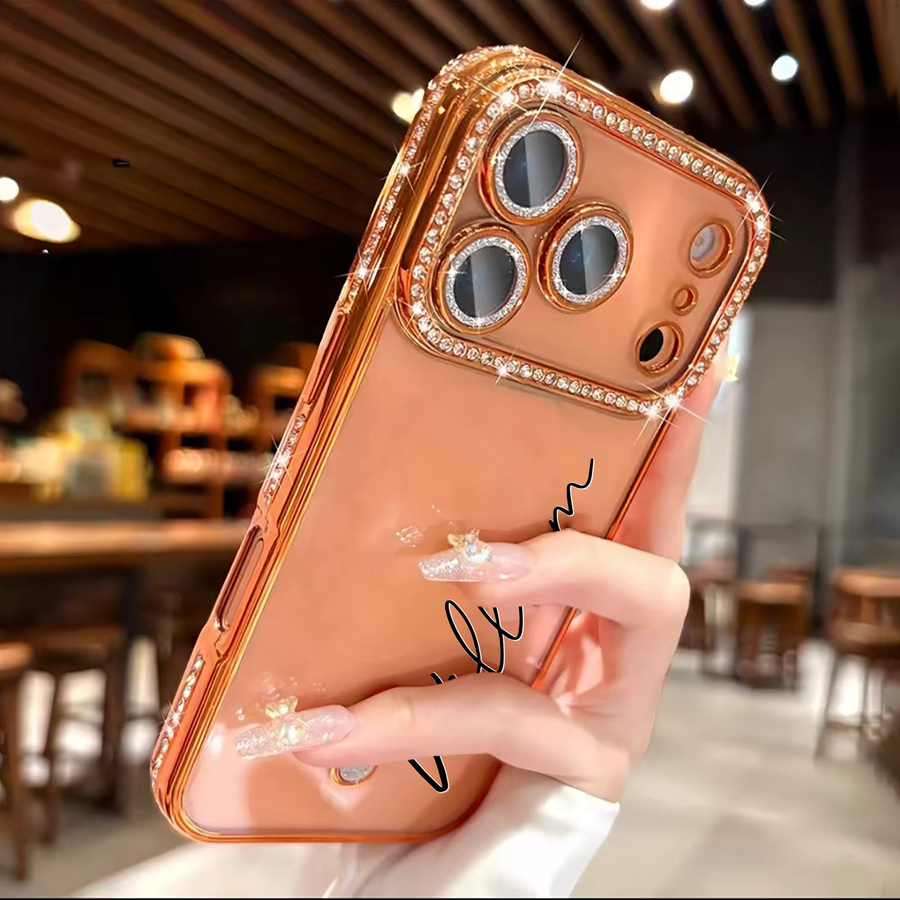 Personalisierte iPhone Handyhülle mit Buchstaben, Namen und Sternen in Orange und Gold mit Strass-Glitzer-Effekt, transparent, passend für Apple iPhone 11 12 13 14 15 16 17 Pro Max Air - Bild 2