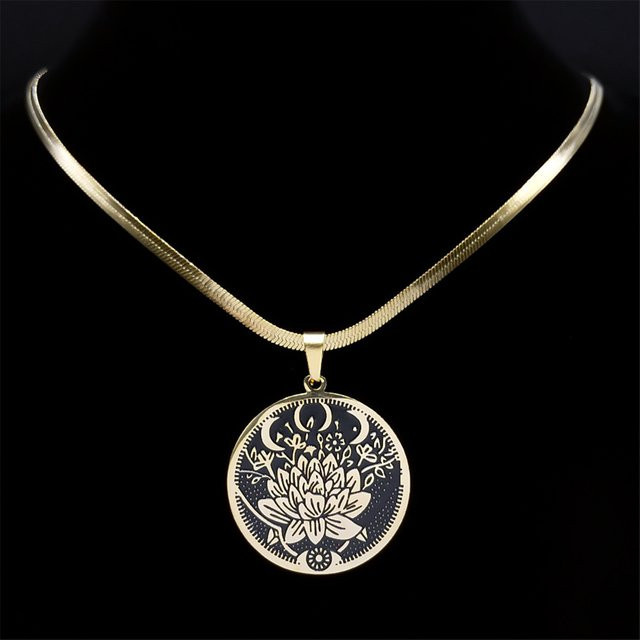 AFAWA Halskette Triple Moon Göttin mit Lotusblume, Edelstahl, Gold, Unisex - Bild 1