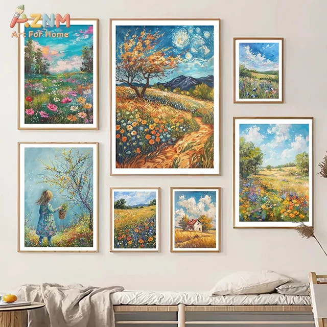 AZNM Leinwand-Wandkunst Wildblumenfeld im Van Gogh-Stil, Farbenfrohes Landschaftsgemälde mit Baumhaus und Mädchen, ungerahmter Ölgemälde-Druck in Multicolour - Bild 1