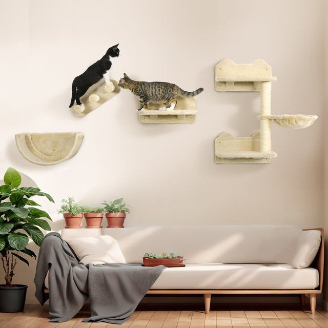PawHut Katzen Kletterwand Set 4-teilig in Grau mit Hängematte, Katzenbrücke und Kratzmöglichkeiten, B/T/H: 28 x 40 x 73 cm - Bild 1