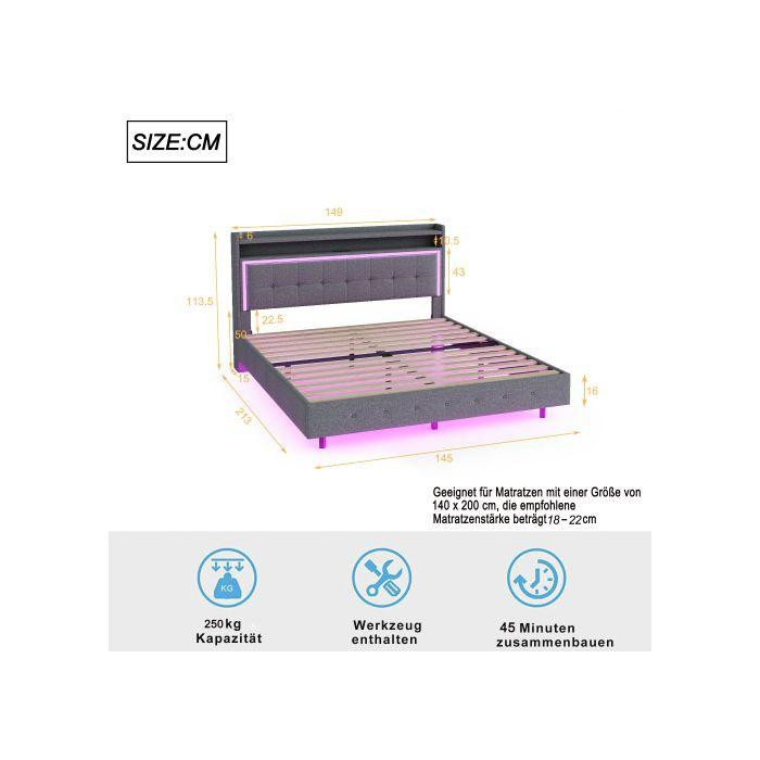 Gepolstertes Bett MUVOE in Grau aus Leinenstoff mit USB-Anschluss und LED-Beleuchtung, B: 140 cm, H: 213 cm, T: 200 cm - Bild 2