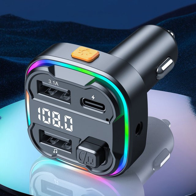 LUTU Bluetooth 5.3 FM Transmitter mit Dual USB und Typ-C 3.1A Schnellladegerät, AUX Audio Adapter Car Kit mit Freisprecheinrichtung und MP3 Modulator in Schwarz - Bild 1