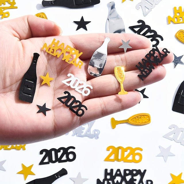 300 Stück Glitzer-Konfetti für Silvester 2026 in Gold und Schwarz mit Zahlen zur Partydekoration - Bild 1