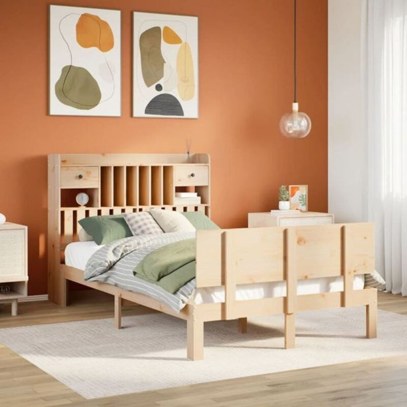 Vidaxl Massivholzbett aus Kiefer mit Regal in Braun, Landhaus und Skandinavisch Stil, B/T/H: 135 x 190 x 110 cm - Bild 1