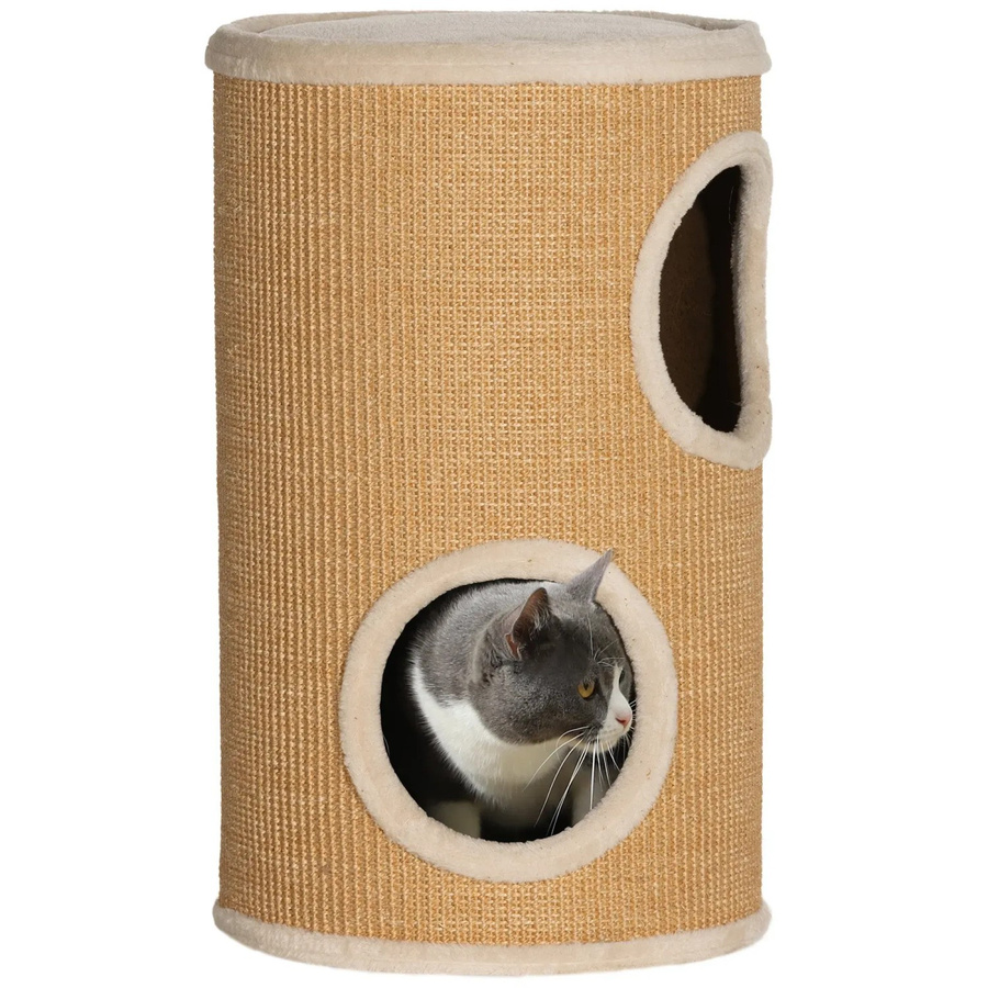 PawHut Kratztonne für Katzen mit 2 Höhlen in Braun und Beige, Durchmesser: 35 cm, Höhe: 60 cm - Bild 2