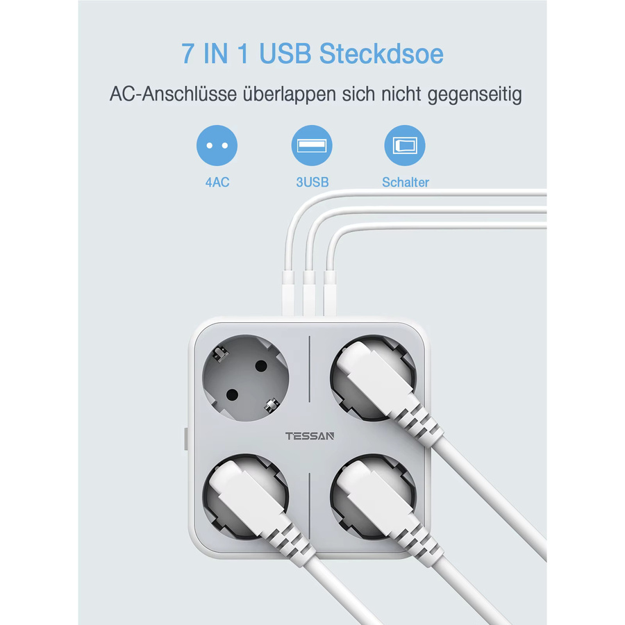 TESSAN Mehrfachsteckdosenleiste 7-in-1 Adapter mit 4 AC-Steckdosen und 3 USB-Anschlüssen in Weiß mit Überlastschutz für Zuhause und Büro - Bild 2