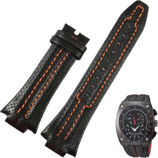 RX-Panjia Uhrenarmband Leder, 27*15mm, Schwarz, Orange Nähte, Unisex - Bild 1