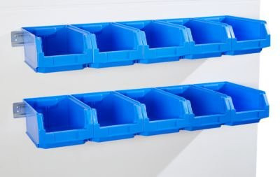 Schäfer Shop Select Set aus 2 verzinkten Stahlblech-Einhängeleisten und 10 blauen SSI Schäfer Serie PROFI LF 321 Sichtlagerkästen, Leisten L 113,5 cm x B 6,8 cm x T 0,2 cm - Bild 1