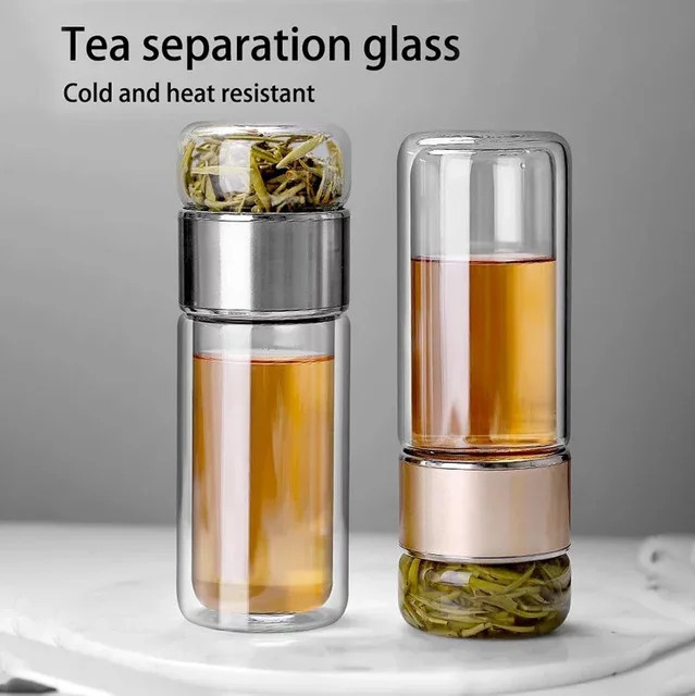 Untior Tee-Wasser-Flasche aus Borosilikatglas mit Infuser und Doppelwand-Isolierung, 500 ml, transparent/schwarz - Bild 1