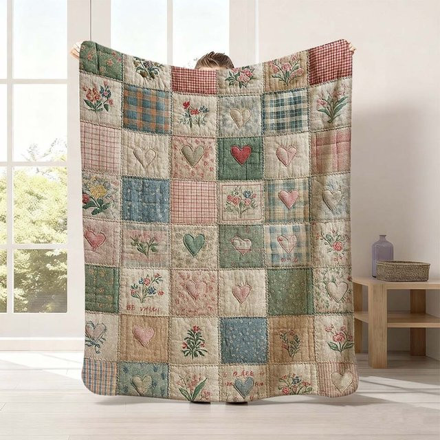JMG Household Supplies Vintage Herz Florales Patchwork Gesteppte Überwurfdecke in Multicolour, B/B: 150 x 130 cm - Bild 1